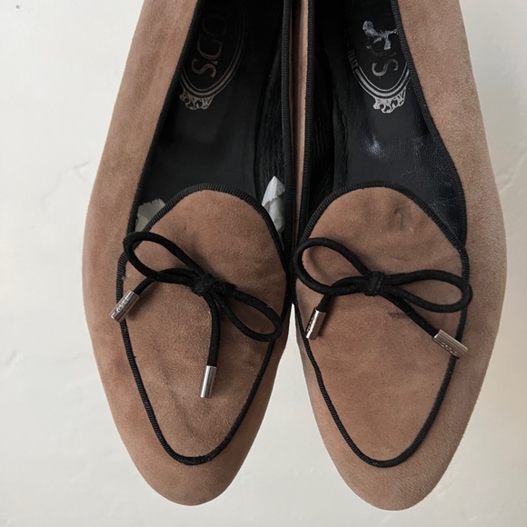 TOD'S loafers ballet flats tan black suede bow women's shoe EU 38-1/2 US 8-1/2 - Picture 7 of 16